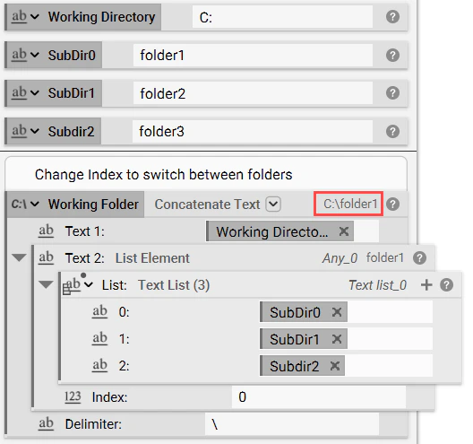 An example of using the concatenate text block to switch between folders.