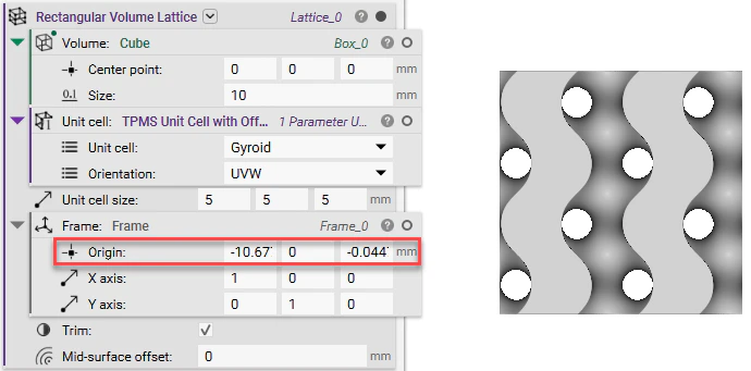 A rectangular volume lattice with a TPMS unit cell. The image is highlighting the origin point of the Frame input.