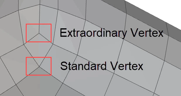 An image showing the difference between an extraordinary vertex and a standard vertex