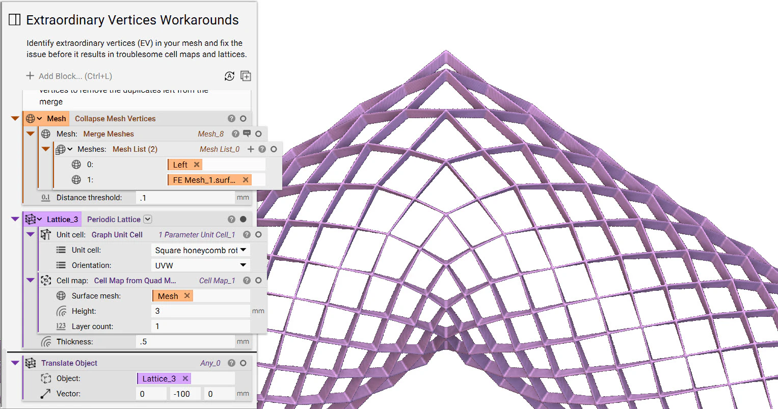 A periodic lattice generated from the quadrangulate mesh. The cells are perfectly mirrored on both sides with no irregularities.