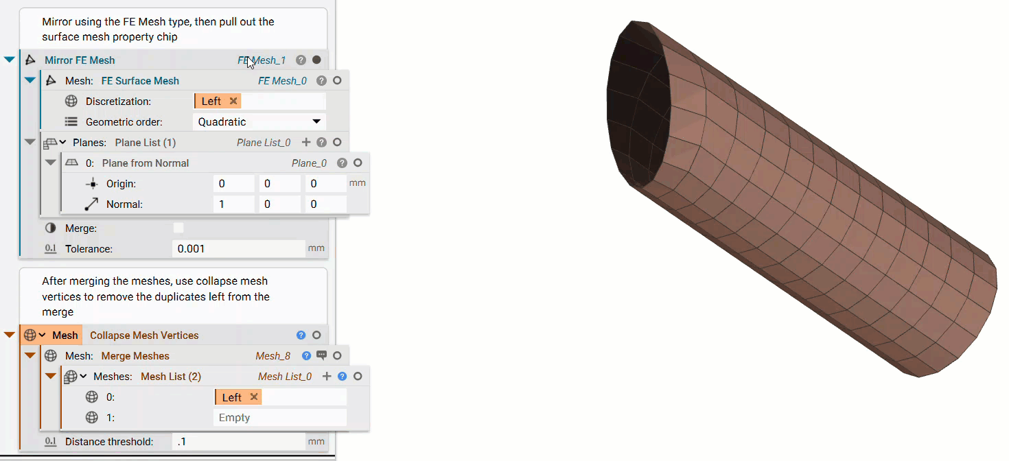 The two halves of the quadrangulate mesh being merged together using the Merge Meshes block. Then a collapse mesh vertices block is used to remove unnecessary vertices.