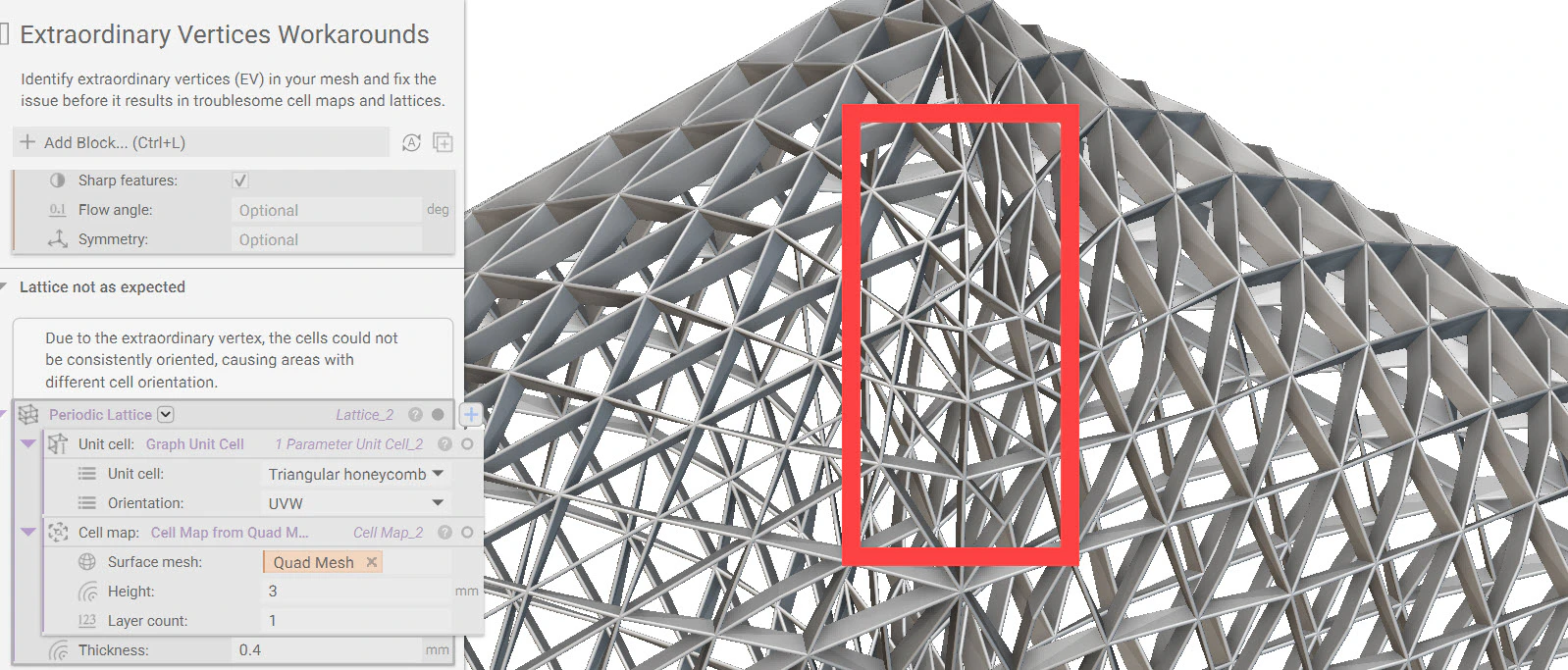 An image of a periodic lattice that has extraordinary vertices. The extraordinary vertices are highlighted to show how they cause irregularities in the lattice