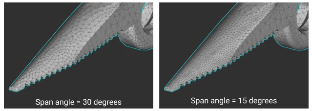Two meshes with different span angle input values
