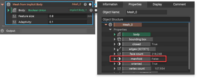 A mesh from implicit body properties panel with the manifold property highlighted