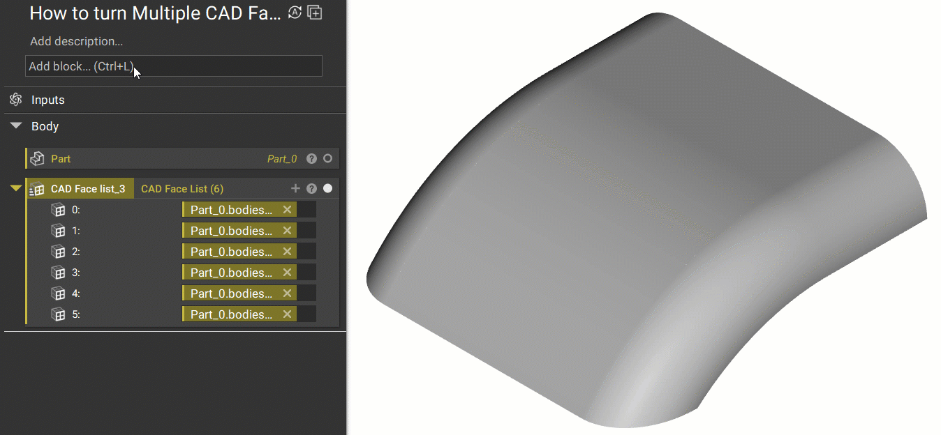 Stitching together the CAD face list using the Stitch CAD Surface Bodies block