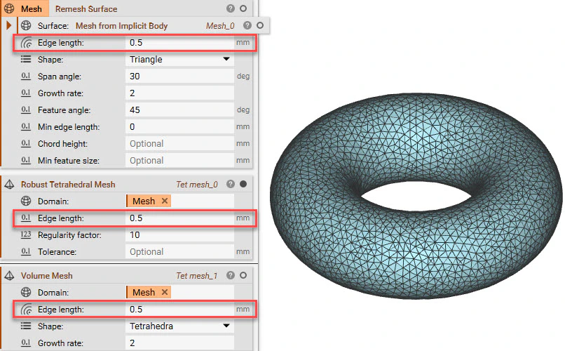 A comparison between the Remesh Surface, Robust Tetrahedral Mesh, and Volume Mesh blocks. The Robust Tetrahedral Mesh block is visualized showing a meshed torus