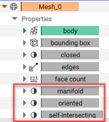 An image of a mesh properties panel with the manifold, oriented, and self intersections properties highlighted