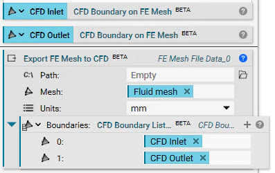 Using the Export FE Mesh to CFD block to export the CFD boundaries that were just created at the defined inlet and outlet