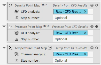 An image of a Density Point Map, Pressure Point Map, and Temperature Point Map blocks. These blocks utilize the imported CFD analysis results to create point maps.