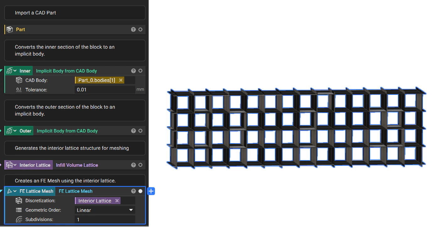 The FE Lattice Mesh that is generated using the inner volume lattice.