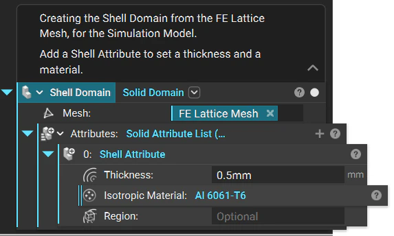The Solid Domain and Shell attribute blocks that are used to define the lattice region.