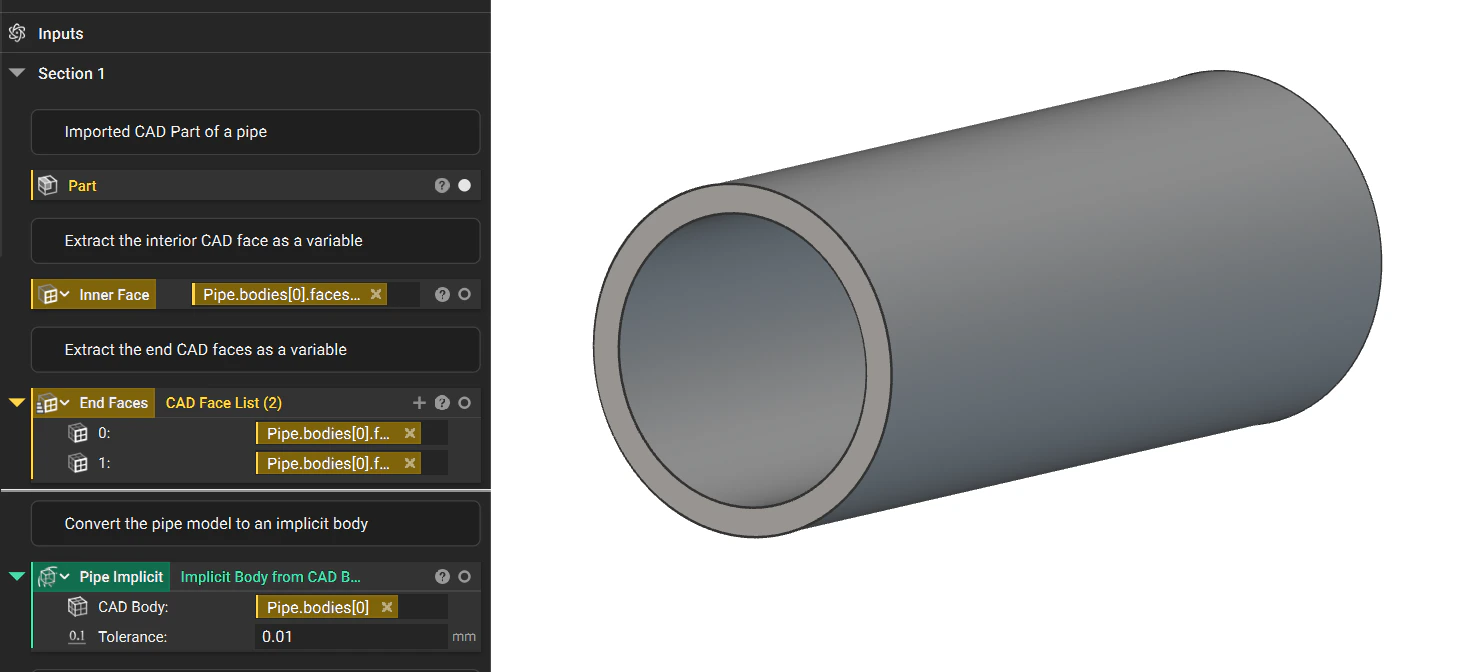 The starting geometry for this workflow example. An imported CAD part of a Pipe is used to extract important faces. The inner pipe face and end faces are extracted as variables. The pipe is also converted to an implicit body.