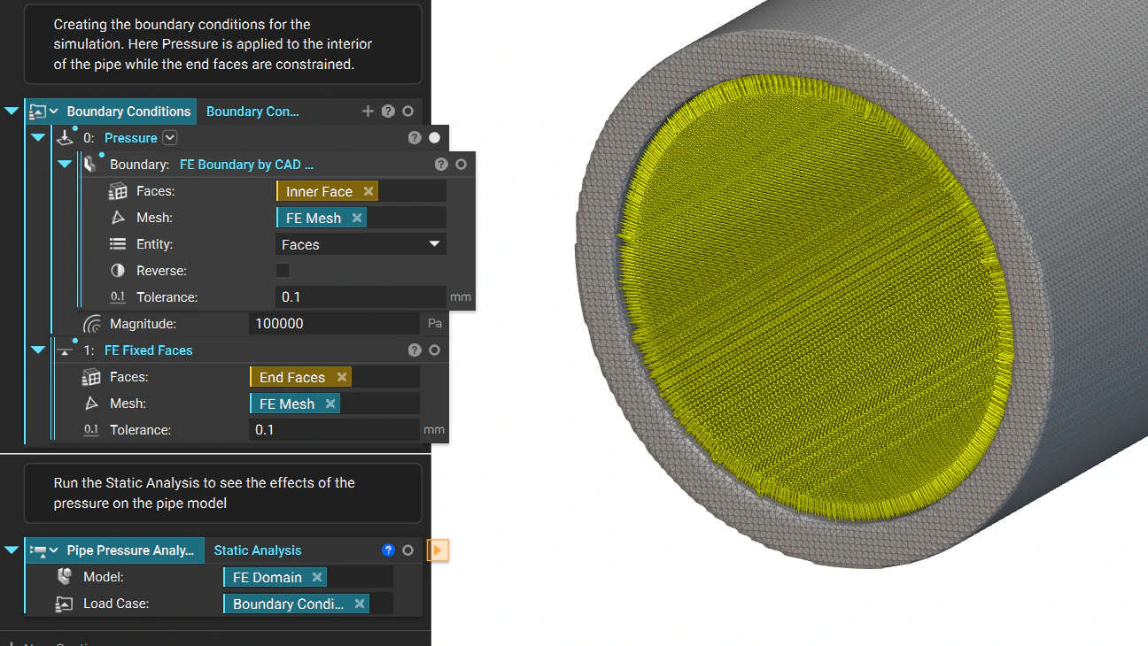 Boundary conditions are then applied to the model. For this example, we will apply pressure to the inner face and fix the end faces in place.