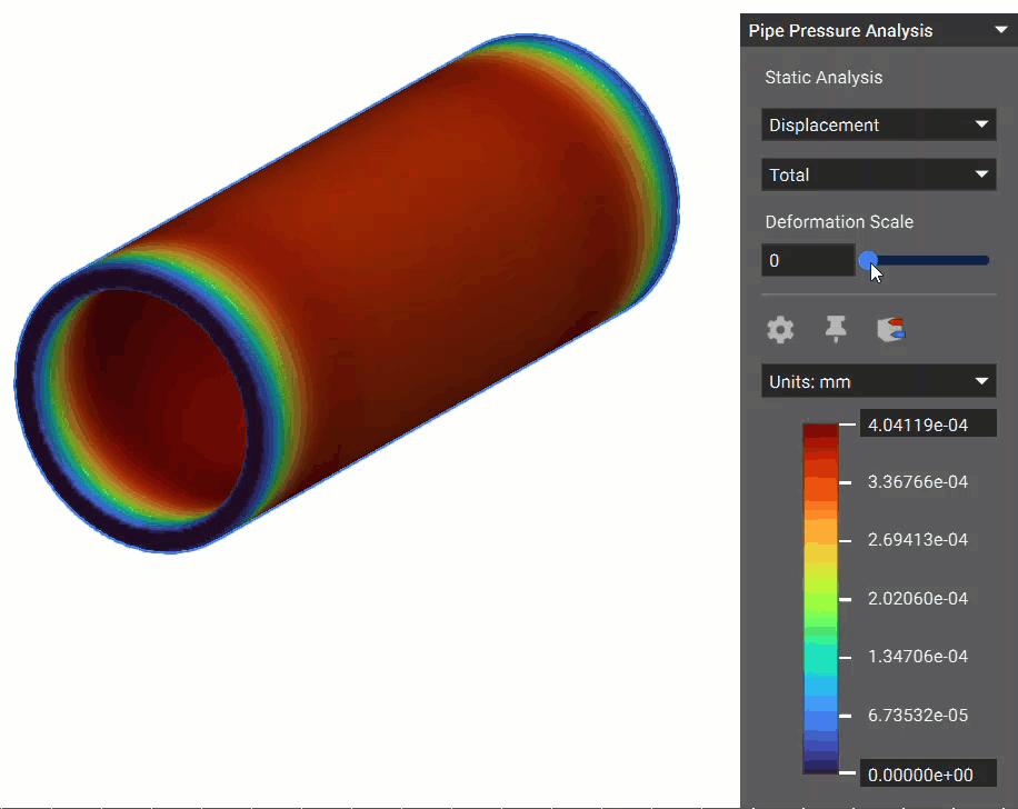 A gif showing the static analysis results on the pipe. The pipe model expands as the deformation scale is increased.