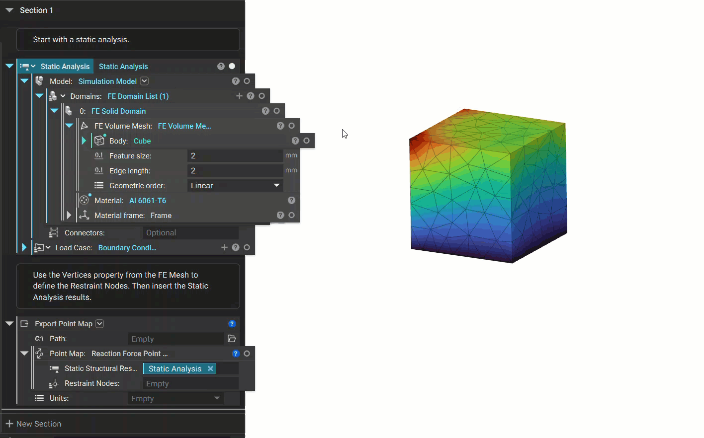 In the FE Volume Mesh block, expand the properties panel. Click the Volume Mesh property to expand it, and extract the vertices property chip. Place the chip in the Restraint Nodes input of the Reaction Force Point Map block.