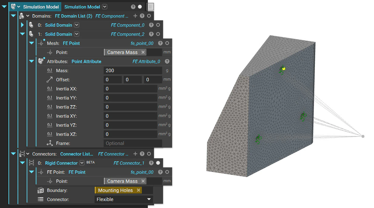 An example simulation model setup showcasing the Rigid Connector block as the Connector input. The model is connected to an FE Point using the Rigid Connector.
