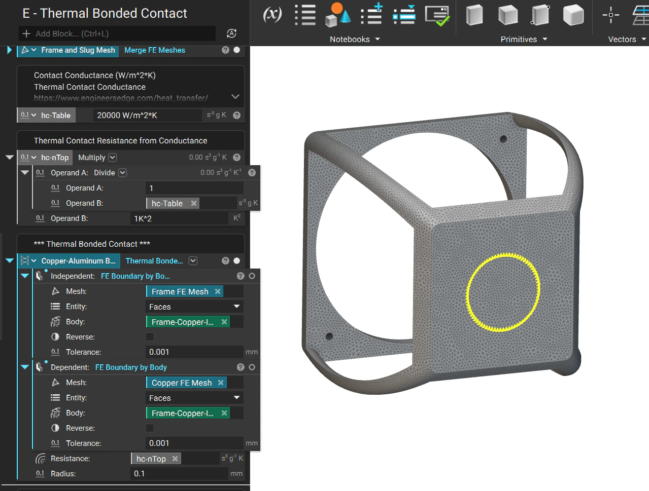 The meshed model showing the connection faces for the Thermal Bonded Contact block.