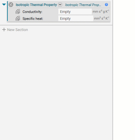 A gif demonstrating the overload of the Isotropic Thermal Property block. Dictionary blocks are added to the conductivity and specific heat inputs