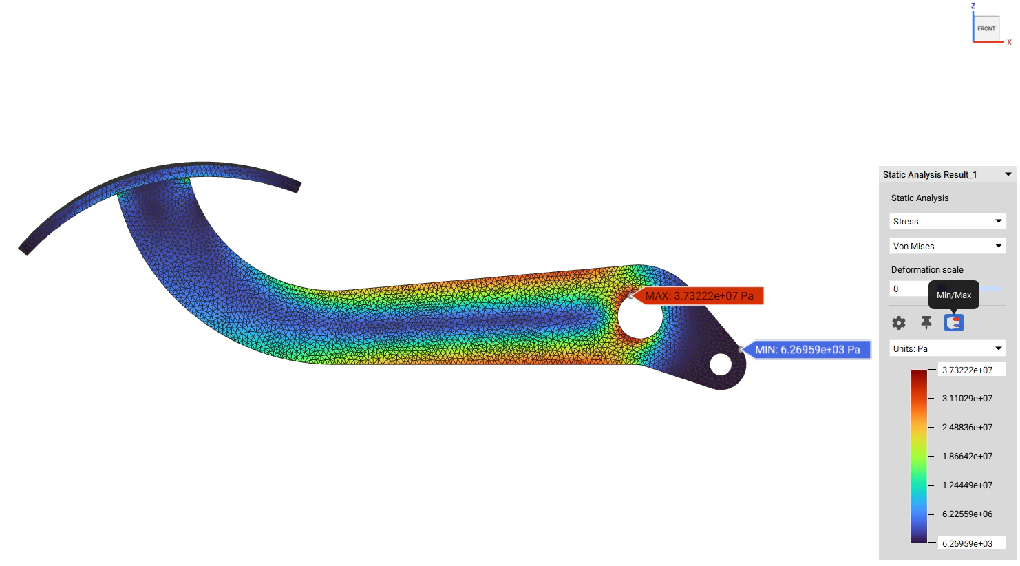 An image of static analysis results on a brake pedal model. The image is highlighting how you can use the Min/Max button in the analysis results HUD to identify the minimum and maximum points of the selected results.