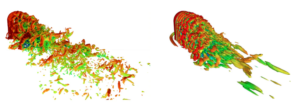 A comparison of turbulent wake flow structures between nTop Fluids on the left, and Ansys Fluent GPU FVM on the right