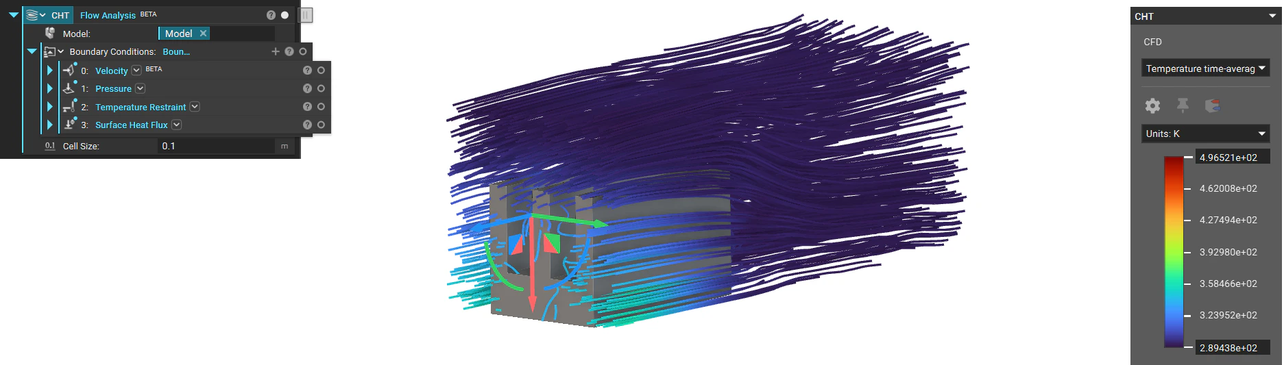 Streamlines from Flow Analysis block in the Display Mode to show Temperature Values