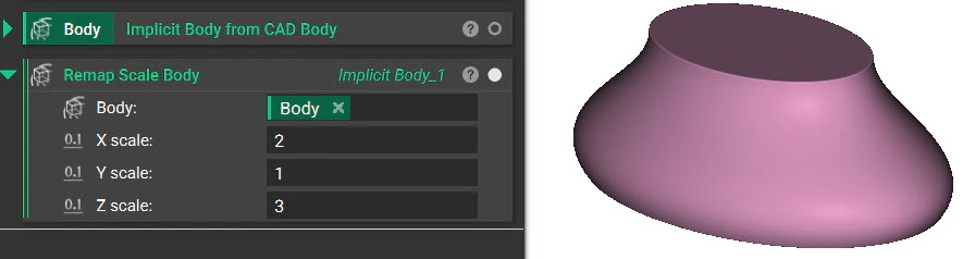 The image shows a body that has been scaled non-uniformly using the Remap Scale Body block. This block allows a body to modified in each direction separately.