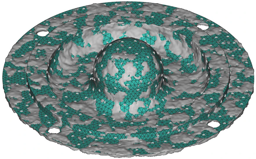 The same mesh and random points as above. The implicit body used to generate the mesh is overlayed. The implicit has a texture applied using the Surface Roughness block.