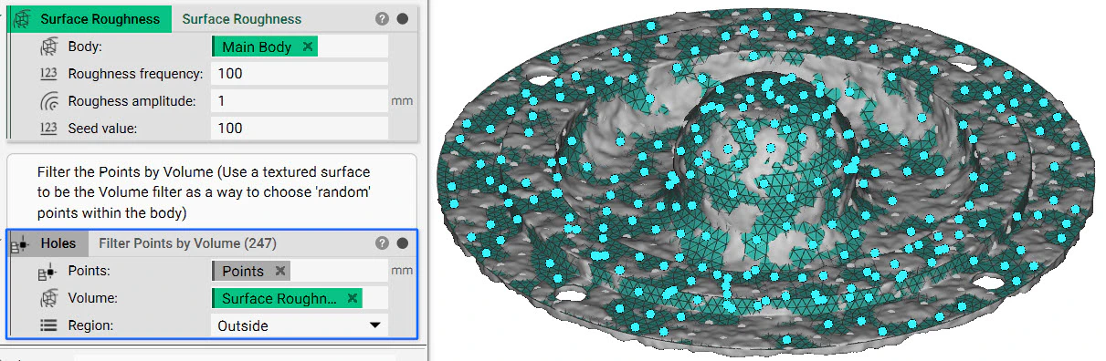 The mesh with overlayed textured implicit. A Filter Points by Volume block is applied to isolate the points that are outside of the textured implicit body.