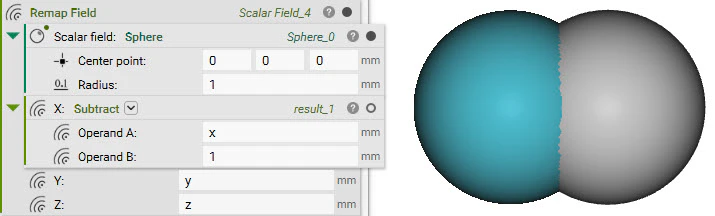 Two implicit spheres that are overlapping. The blue sphere is the original and the grey sphere has been moved 1 mm to the right using Remap Field.