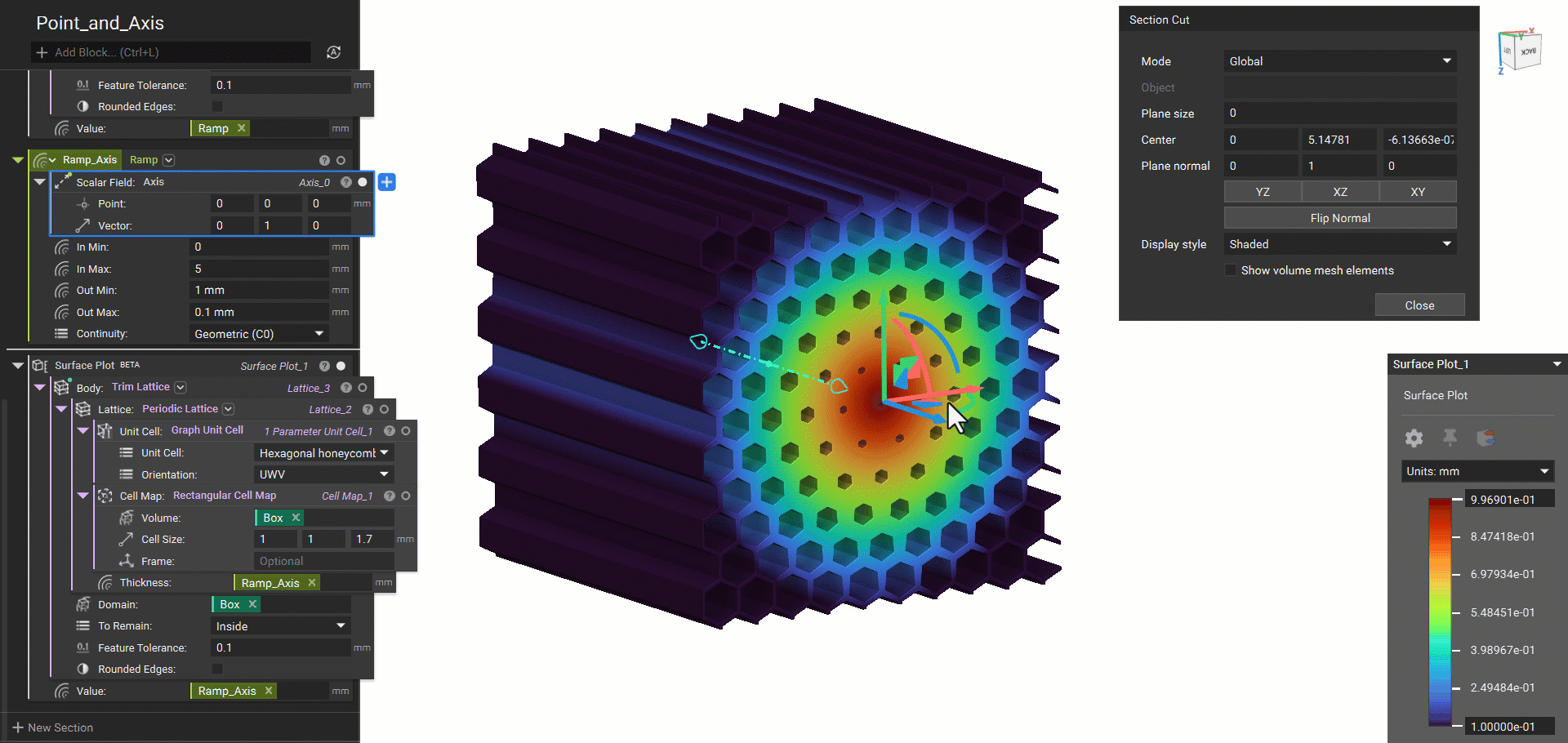 An example geometry that has been modified using a Ramp block with an Axis as the Scalar Field input.