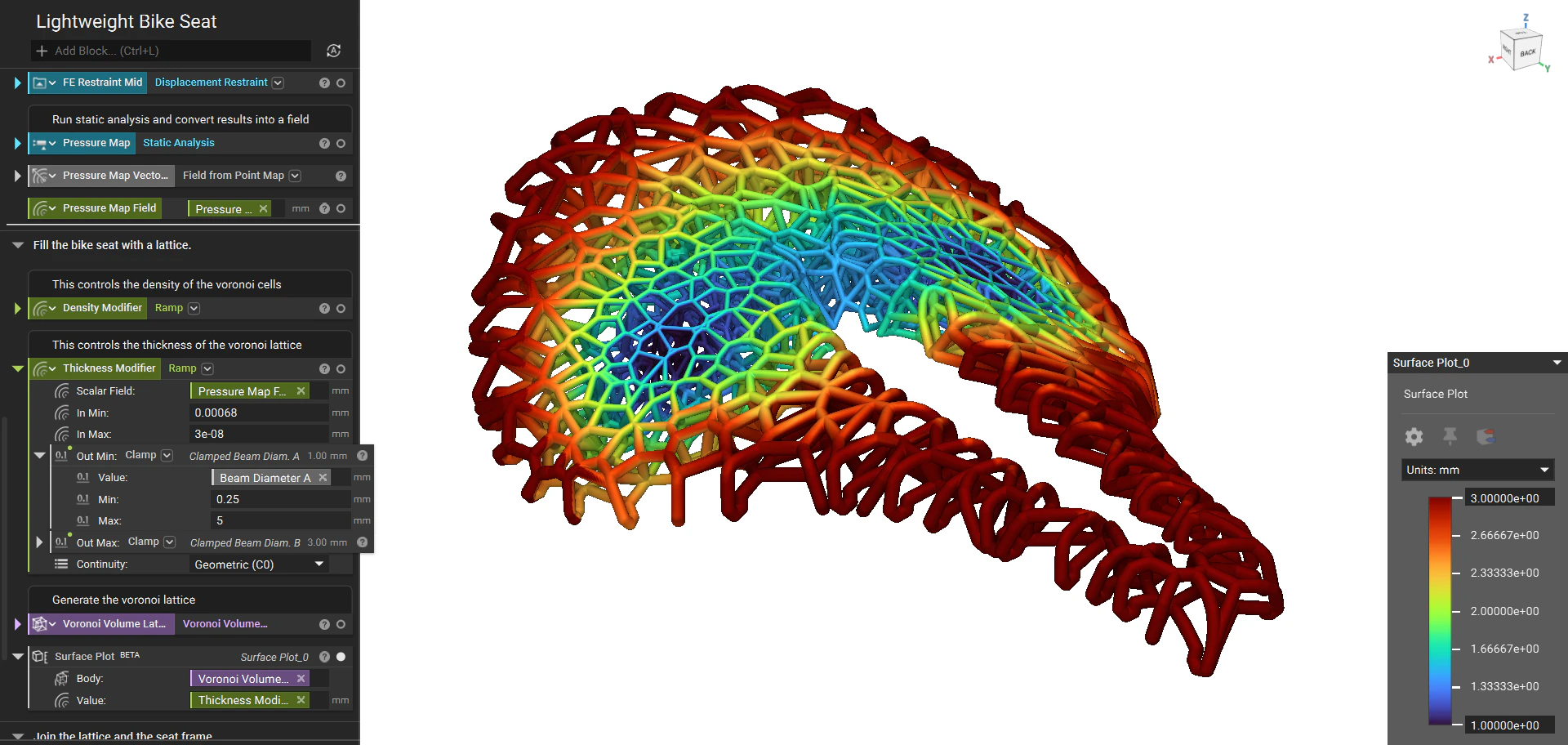An example geometry that has been modified by the Ramp block. In this case, lattice thickness and density is being driven by point map results.