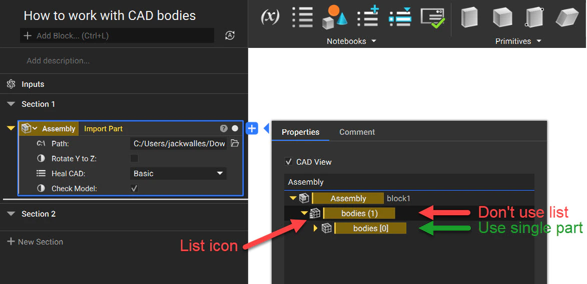 A common mistake when extracting a CAD body from an import part block. Users shouldn't extract the CAD Body list, they should extract the single body property chip.