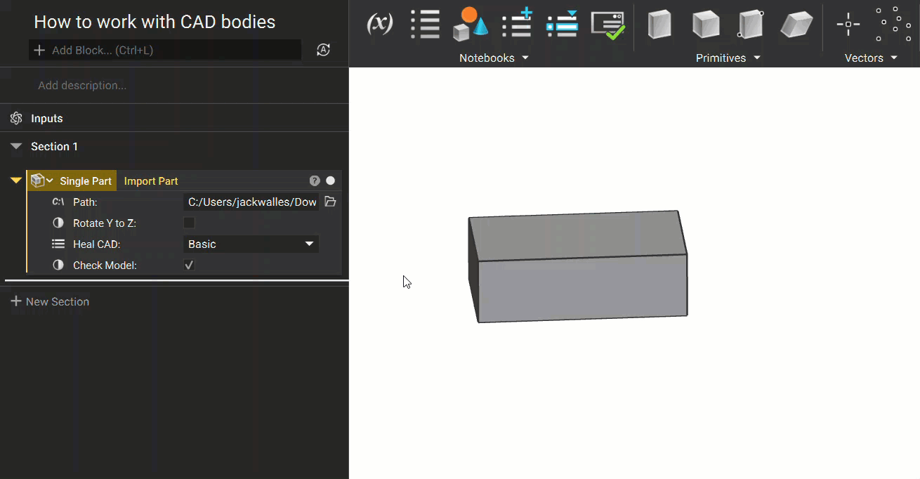 A gif showing how to extract a CAD body from the properties panel of the Import Part block. The gif highlights how the CAD View feature can be used to find the body property chip quickly.