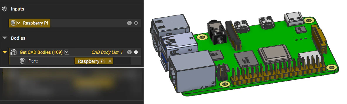 An image of the Get CAD Bodies block being used to extract bodies from an imported part.