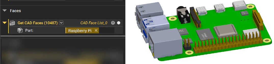 An image of the Get CAD Faces block being used to extract faces from an imported part.