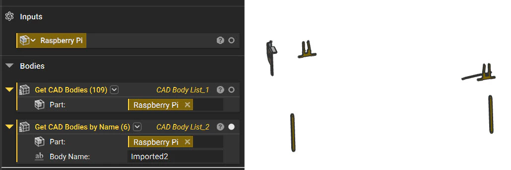 An image of the Get CAD Bodies by Name block being used to extract bodies from an imported part based on a specified name.