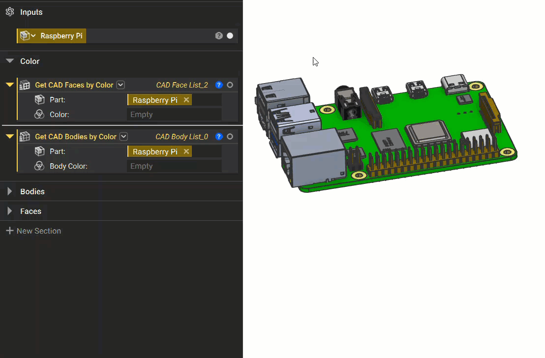 A gif demonstrating how to use the Get CAD Faces by Color and Get CAD Bodies by Color blocks.