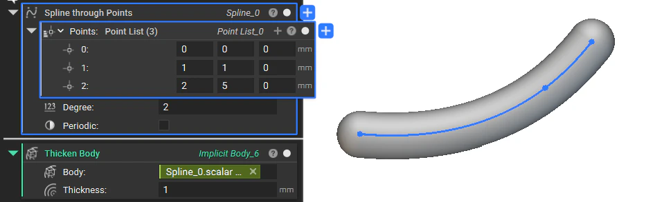 A 2D spline converted to an implicit body using a Thicken Body block.