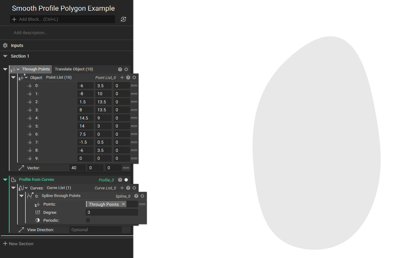 A profile is created from the spline using the Profile from Curves block.