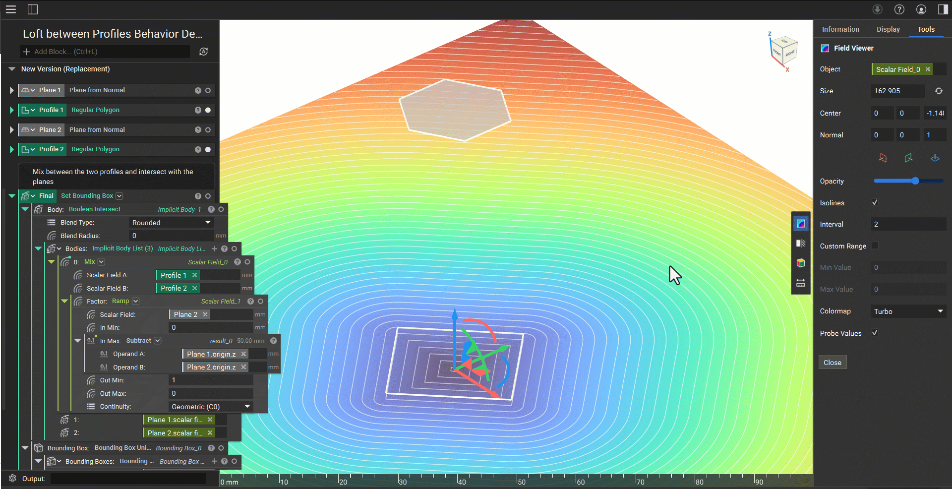 A gif showing how the field transitions from a square to a hexagon across a defined distance. The field was generated using the Mix method for lofting profiles.