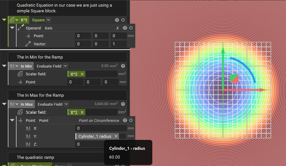 An image of the equation field and nTop Notebook. Using the Evaluate Field block that our t value, which is x^2, is producing the correct result of 3600 mm^2 at x=60