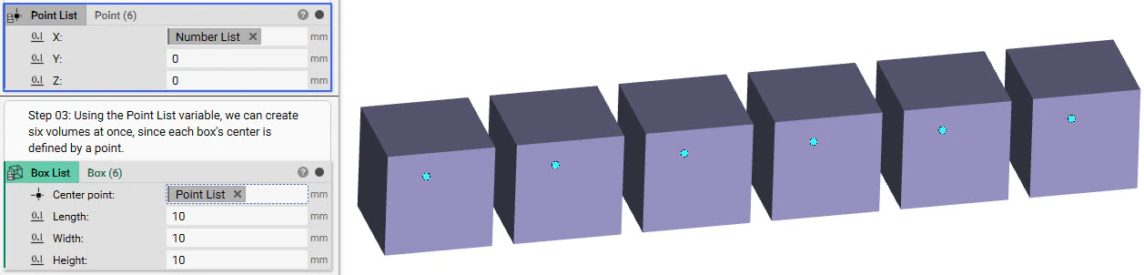By inserting the Sequence list of 6 into the x input of a point block, 6 points are created in an evenly spaced line along the x direction. Then by inserting the point list into the center point input of a Box block, a Box is created at each of the 6 points.