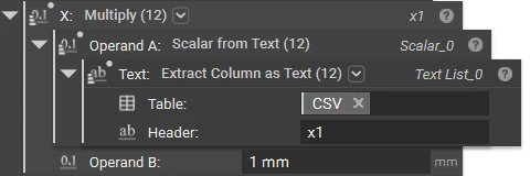 Using the Scalar from Text and Extract Column as Text blocks to extract the data from the imported table. The Multiply block is used to apply units to the values