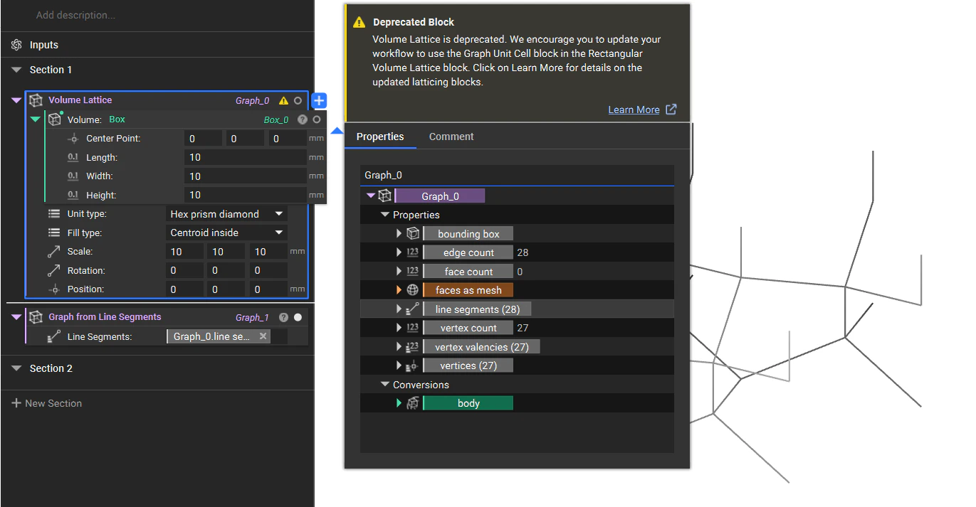 Using the line segments from the volume lattice block as an input for the Graph from Line Segments block