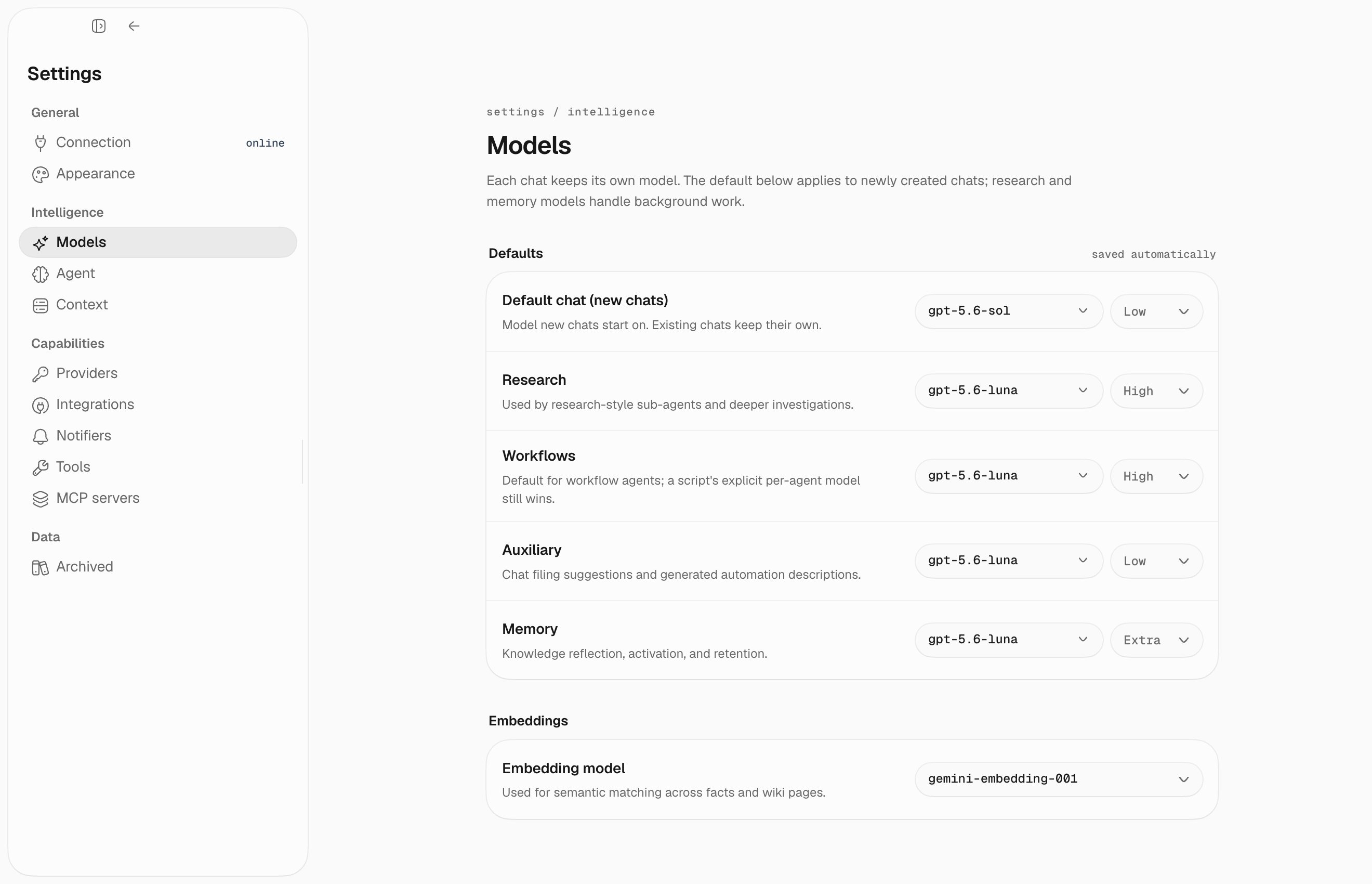 Model and embedding settings