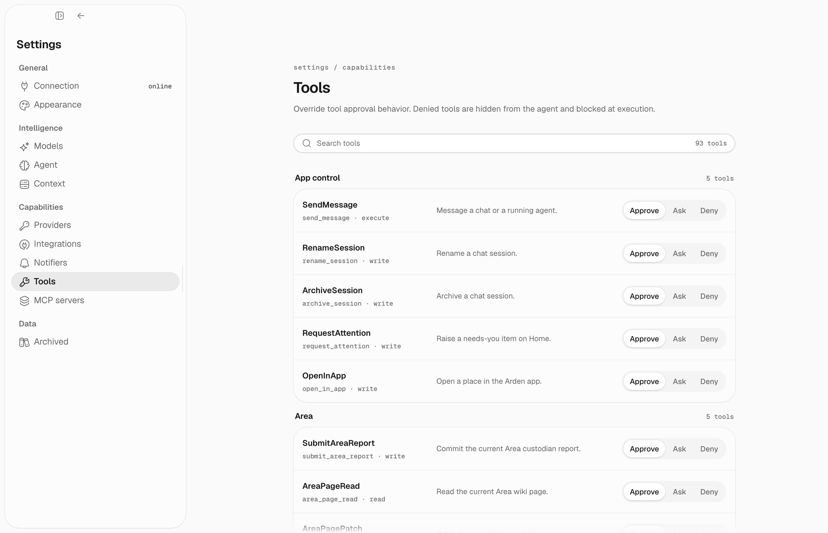 Tool approval settings