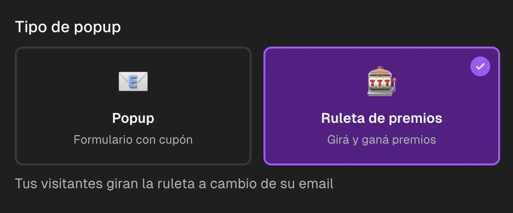 Selector con las dos opciones de popup en el panel de Nubea