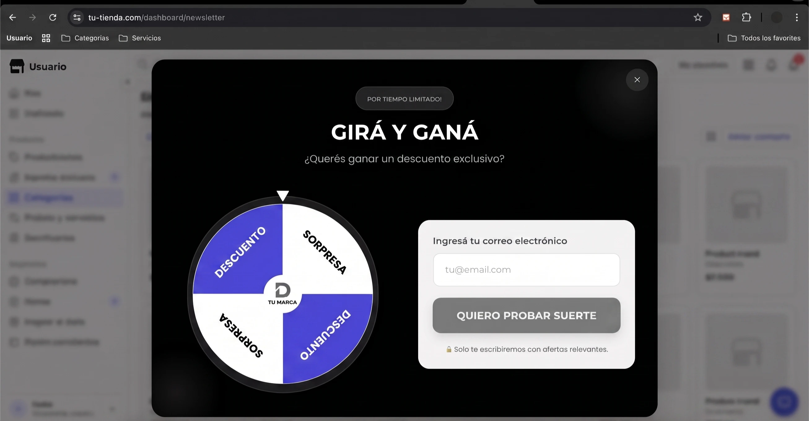 Ruleta de descuentos en una tienda Tiendanube