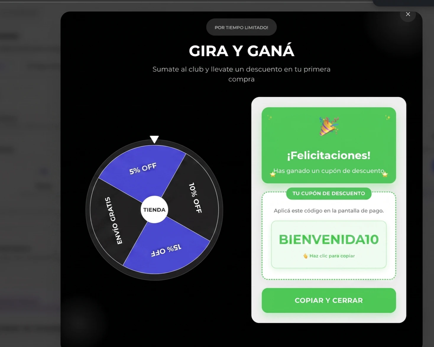 Pantalla de éxito de la ruleta mostrando el cupón BIENVENIDA10