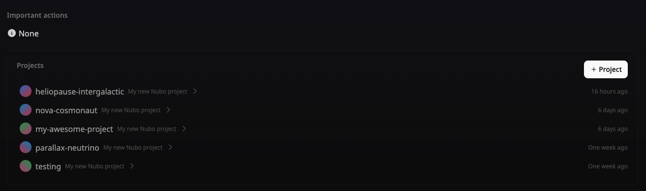 Projects section of dashboard